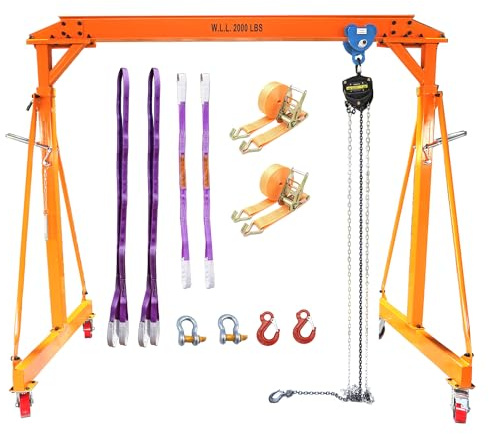Adjustable Gantry Crane with Trolley and Hoist 2000 LBS, Overall Height Adjustable 7.65~10.91 FT, Shop Crane 1T Garage Crane with Rigging Kit with Rigging Kit