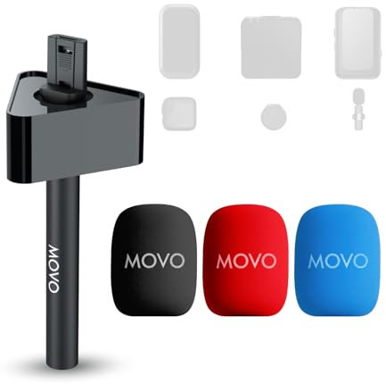 Movo WMX-HMF2 Wireless Microphone Handle with Mic Flag – Handheld Grip for DJI Mic, Rode GO II – Includes Lav Microphone Holder, Adapter & 3 Windscreens – for Interviews, YouTube & TikTok