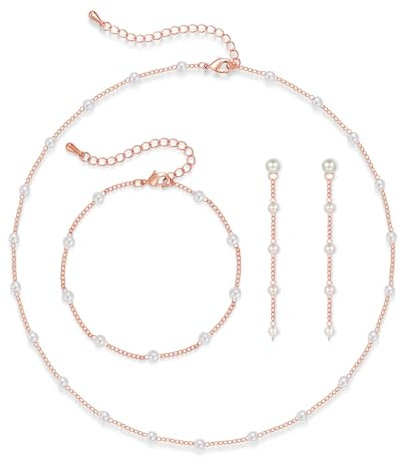 Loutade Jewellery Sets for Women, 3PCS Pearl Necklace, Earrings & Bracelet Set, Pearl Wedding Jewellery Set for Bride Bridesmaid, Rose Gold Bridal Women's Jewelry Gifts for Party Wedding Festival