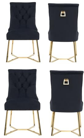 Life Interiors Ambra Modern Velvet Dining Chair – Black Tufted Accent Chair with Gold Legs & Ring Handle - Ideal for Dining Room Living Room Restaurants