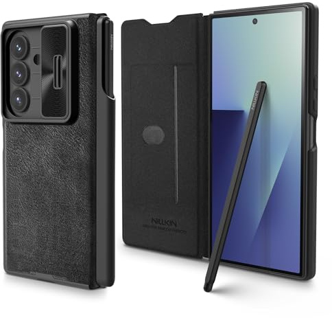 Nillkin Lederhülle für Samsung Galaxy Z Fold 7 mit S Pen, Scharnierschutz & Kartenfach – Dünne Klapphülle mit Kameraschutz und Stoßfestem Schutz | Elegantes Business-Design – Schwarz