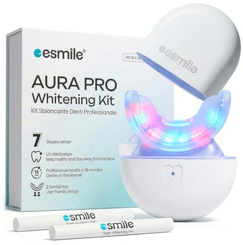 ESMILE Aura Pro Professionelle Zahnaufhellungs-Set, 32-fache LED, Lampe mit 2 Mundstücken und UV-Sterilisation, für zu Hause weiße Zähne in 16 Minuten