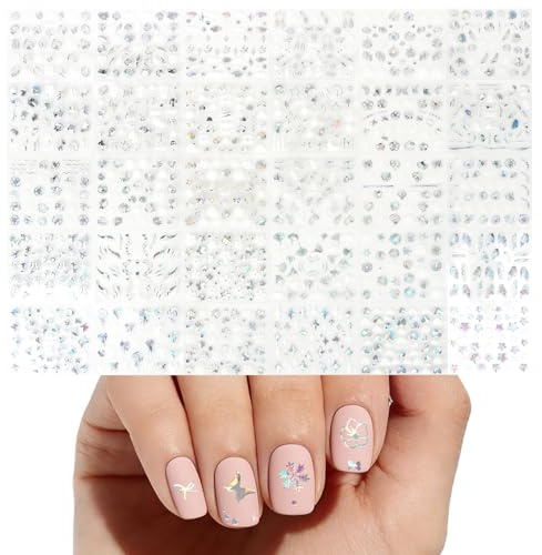 MOTIBACK 30 Sheets Aurora Holographic Blue Silver Nail Stickers for Nail Art, 3D Self-Adhesive Nail Decals, Cute Nail Design Stickers for Women Girls, Stick on Nails