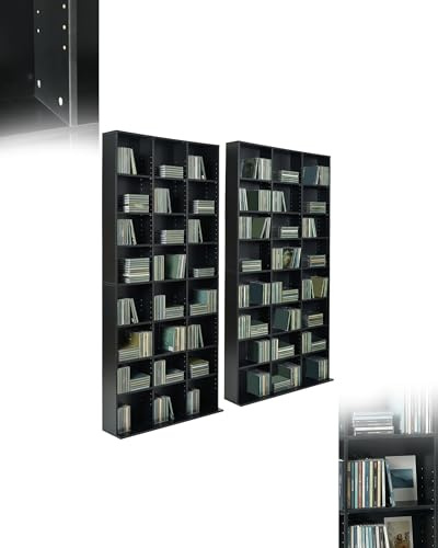 Amveya CD Regal DVD Regal mit 22 Fächern 2 Stück – höhenverstellbare Böden, Kippsicherung, MDF Platten – für CDs, DVDs, Bücher – Schwarz, Standregal für Wohnzimmer, Büro