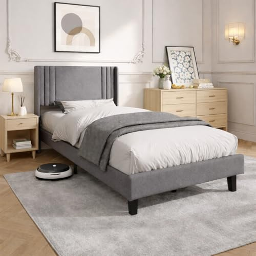 Polsterbett 90x200 cm mit Lattenrost aus Holz, Einzelbett mit Kopfteil, Stoffbett Familienbett mit Stauraum, Gepolstertes Bettgestell, für Schlafzimmer Gästezimmer, Leinen, Grau (Grau, 90x200cm)