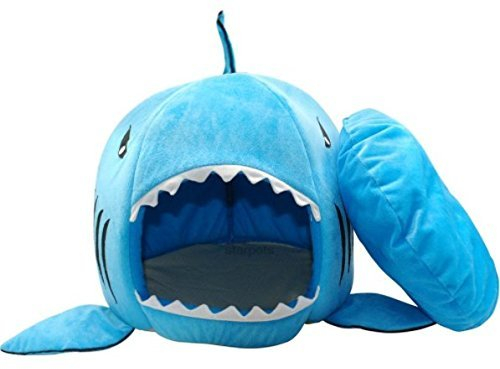 BADASS SHARKS Hai-Motive Hundehütte Hundebett Hundekörbchen Katzenbett mit Kissen Hundehaus Haustier Schlafsack für drinnen Waschbar Haus & Sofa 42cm (Blau-50cm)