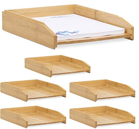 6 x Dokumentenablage, stapelbar, DIN A4 Papier, Büro, Schreibtisch, Briefablage aus Bambusholz, 6 x 25 x 33 cm, Natur