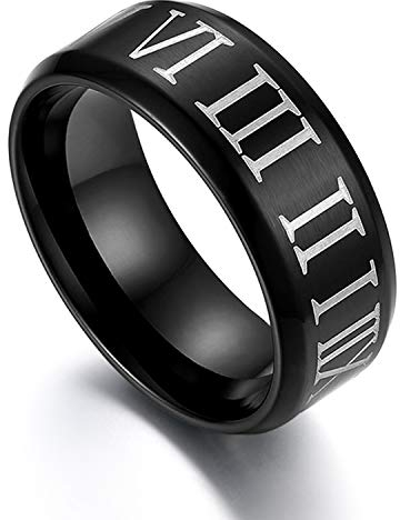 JewelryWe Römische Ziffern Ring Herren: 8mm Breit Klassische Edelstahl Herren-Ring mit Großen Römischen Zahlen Schwarz Fingerring Bandring Hochzeit Verlobung Band Schmuck Geschenk Männer Größe 74
