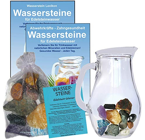 Wassersteine EDELSTEINWASSER Set 300g EDELSTEINE. Steine für GEHIRN & GEDÄCHTNIS zum energetisieren + 1,0L Glaskrug Karaffe. 5-tlg Set zur Wasseraufbereitung und Wasserenergetisierung. 90039-2