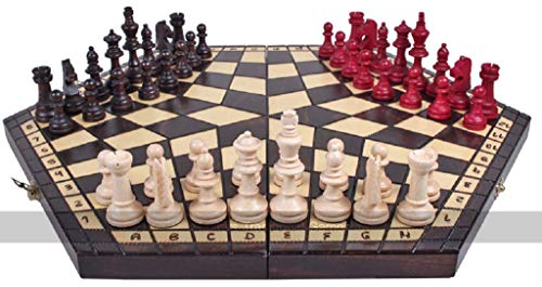 Large 3 Player Chess Set - 54cm hexagonal Board with Edge Numbers, Brown, White and red Pieces
