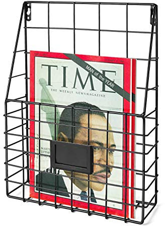 Flexzion Wall Mounted Magazine File Rack Organizer for Mail Entryway Kitchen Office Bathroom Home Basket Bin Decor Metal Wire Shelves Storage for A4 Documents Tablest DMs Comic Books Recipes, Black