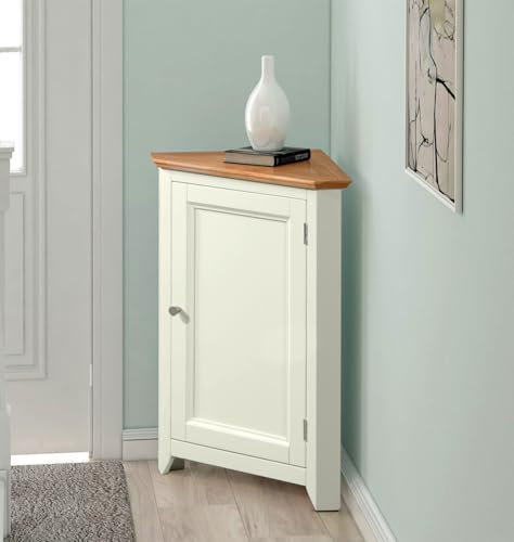 Hallowood Furniture Clifton Kompakte Eckvitrine mit heller Eichenplatte, Holzeckschrank, kleiner Aufbewahrungsschrank, Eckeinheiten für Wohnzimmer und Küche, gebrochenes Weiß