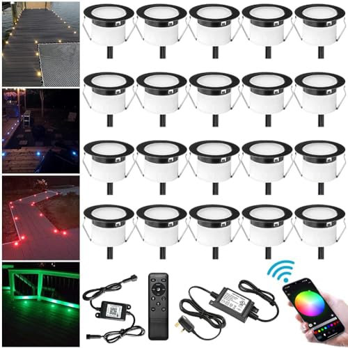 INDARUN RGBW WiFi Led Decking Lights Waterproof IP67 Ø45MM 12V - Bluetooth Led Plinth Lights for Terrace/Patio/Path/Wall/Garden/Decoration, 20 Packs