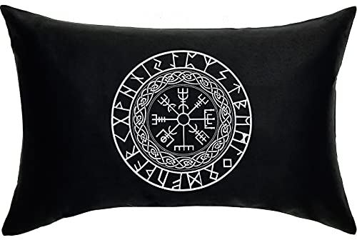 Runen Mandala Premium Kissen mit Füllung 40x60cm Runen Zirkel Kompass nordische Wikinger Dekokissen Vikings Sofakissen mit Stickerei Polsterüberzug | schwarz