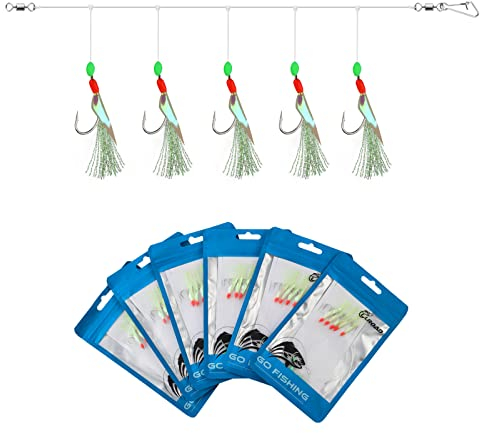 Luroad 6pcs Sea Fishing Rigs 30 Hooks, Pre Tied Mackerel Feathers Rigs with Luminous Beads Bionic Flying Insects Lure Rigs for Mackerel, Pollock, Cod, Herring, Bass (Fluro Flasher, Hook Size 18)