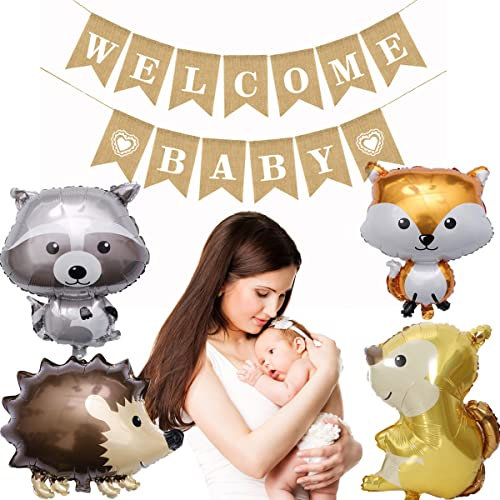 Vintage Leinen Welcome Baby Banner + 4pcs waldtiere ballons,Willkommen Baby Banner Rustikal BuchstabenJute Wimpel Girlande 2.8 M Haus Dekoration für Zuhause, Babyparty babyshower Woodland deko