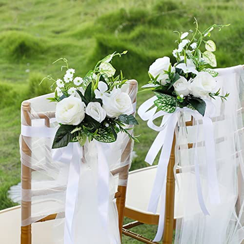 KHBNHJ Stuhlhussen für Hochzeiten, 2er-Set, weißes Garn mit Seidenrosen, Schleife und grünen Blättern, Tüll-Stuhlrückenkappe für Hochzeitszeremonie, Gangbänke, Dekor