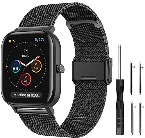 Flenco 20mm Replacement Stainless Steel Watch Strap For Amazfit GTR 42mm / Amazfit GTS 2/2 Mini / 2e / GTS 3 / Amazfit Bip/Bip Lite/Bip S/S Lite/Bip U/U Pro Replacement Band (Black)