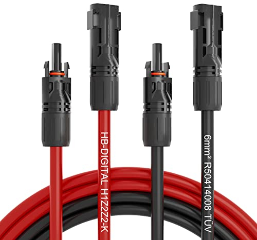 hb-digital Cavo di prolunga solare 6 mm², cavo PV, cavo di prolunga solare con connettori e prese, rosso e nero, coppia di cavi per impianti fotovoltaici, flessibile, IP68, resistente ai raggi UV (6