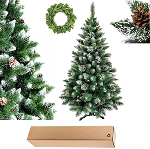 Lupico RFT Künstlicher Weihnachtsbaum Christbaum Beschneit Tannenbaum mit Zapfen und Weihnachtskranz EU Hergestellt (Kiefer 150cm Beschneit mit Ständer), Helleren Grünton