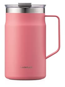 LocknLock Metro Mug Premium 18/8 Stainless Steel Double Wall Insulated with Handle Perfect for Table with Lid, Peach Red, 20 oz
