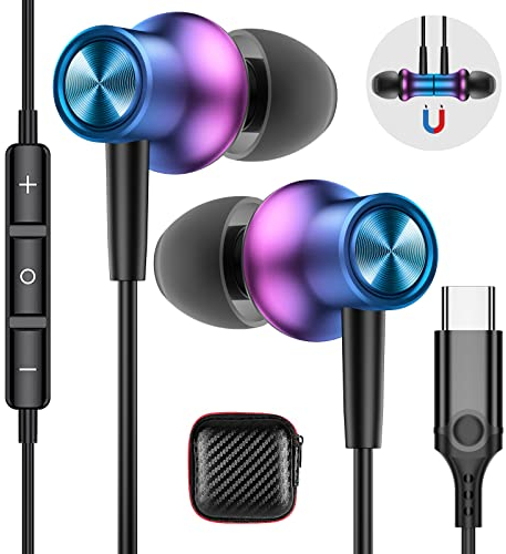 Auriculares USB C para iPhone 15 16 Pro Xiaomi 13 14 Lite Pad 5,Magnéticos Estéreo Cancelación Ruido Auriculares USB Tipo C con Microfono para Samsung Galaxy A34 A54 A55 A35 A36 OnePlus 12 Pixel 9 8 7