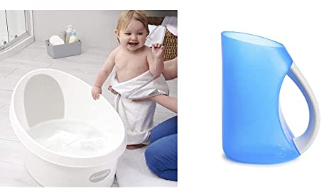 Shnuggle Toddler Bath - White & Light Grey, Bath Jug & Shampoo Rinser for Hair Wash