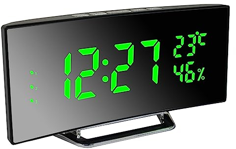 Derkiewn Réveil numérique, Grand écran LED de 6,5 Pouces, réveil de Chevet avec température et humidité, Horloge Miroir avec 3 réveils, luminosité réglable, Sieste, Alimentato USB (Vert)