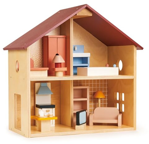 Mentari Toys - Poppets Puppenhaus - Komplett Möbliertes Puppenhaus aus Holz - Kompaktes Puppenhaus für Kleinkinder mit offenem Design - Kreativität und Vorstellungskraft - Ab 3 Jahren