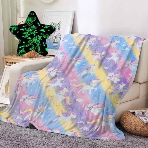 Rowjoy Kuscheldecke Einhorn, Kinder Einhorn Decke Leuchtet im Dunkeln, Weiche Wohndecke, Fleecedecke Geschenk für Mädchen Jungen Kinder (150x200CM, Purple Unicorn)