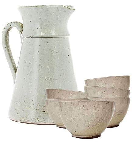 Normandie Turgis Handmade Stoneware Pottery Cider Set - 6 Bowls and 1 Jug - Choice of Colours (White), SCG6+1PT