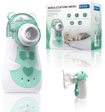 GIDEB, Aerosol, Portatile, Silenzioso, Bambini, Adulti, Nebulizzatore Mesh, Ultrasuoni, Usb-c, 5 Velocità, Veloce, Neonato, Inalatore, Naso, Bocca, 2 Mascherine, Casa, Viaggio, Doccia Nasale, Leggero