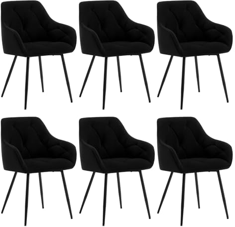 WOLTU 6er Set Esszimmerstühle, Küchenstuhl, Stuhl Esszimmer Wohnzimmer, ergonomischer Sessel, Armlehnstuhl, Polsterstuhl, Sitzfläche aus Samt, Metallbeine, Schwarz, EZS02sz-6