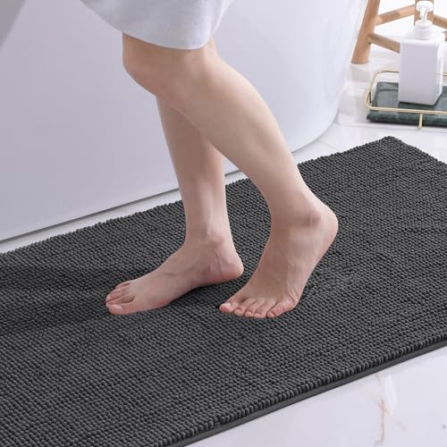 OLANLY Chenille Badematte rutschfest Badezimmerteppich Weich Badteppich Saugfähige Badvorleger Waschbar Duschvorleger für Badezimmer, 50 x 80 cm, Dunkelgrau