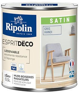 RIPOLIN - Peinture Intérieure Multi-Supports – Murs, Boiseries & Radiateurs – Ultra-Couvrante – Lessivable – Application Facile – Ecolabel - Satin - 0,5L - Gris Hanoi