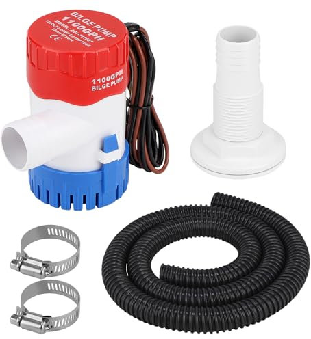CPROSP Pompe de Cale 12V 1100GPH avec φ29mm Tuyau avec 1x 1,88M Tuyau Gris & 2 Colliers de Serrage Pompe à Eau Silencieuse pour Caravane, Camping-car, Bateau de Pêche, Petite Piscine et Fontaines