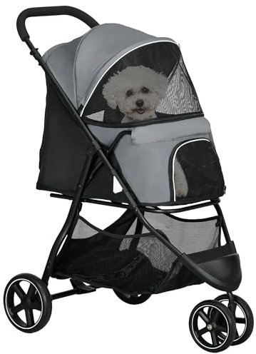 PawHut - Cochecito para perros (cochecito para gatos, mascotas, plegable, 2 correas, ruedas EVA, manillar ajustable, cesta, 83 x 55 x 101 cm), color gris
