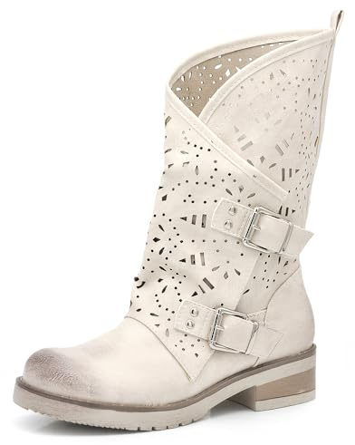 IF Fashion Scarpe da Donna Stivali Stivaletti Biker Forati Fibbie Anfibi Polpaccio Largo WZ688-66 Beige 38