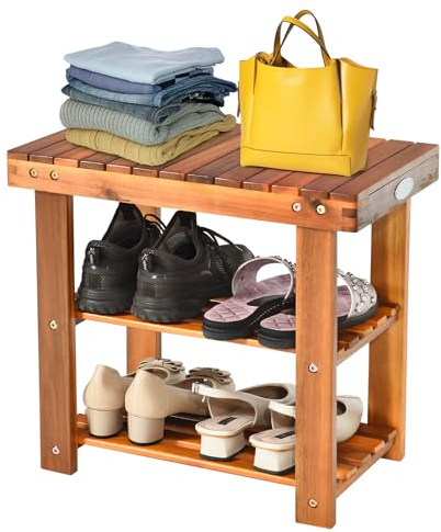 HOMASIS Schuhbank 3 Ebenen, Schuhregal mit Sitzbank, Holz Schuhablage, Schuh-Organizer 4 Paar Schuhe, Schuhständer mit schutzlackierter Oberfläche, Regal für Flur, Wohnzimmer, Bad (50 x 28 x 45 cm)