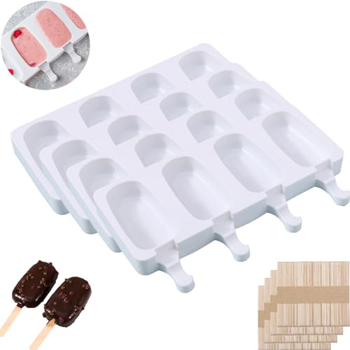 Atsmoce® Eisformen Silikon, 4 Stück Große Eis Am Stiel Formen, Antihaftend DIY Popsicle Molds Set, Mit 200 Holzstielen,BPA-Freie (4 stuck big size), xuegaomuju-1