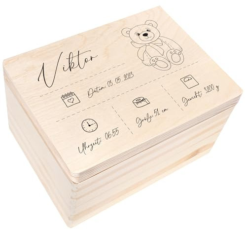 Creative Deco Erinnerungsbox Baby Personalisiert mit Namen | 40 x 30 x 24 cm | Individuelle Erinnerungskiste Geschenk zur Geburt für Mädchen und Jungen | Holzkiste mit Deckel | Farbdruck
