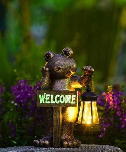 Solar Garden Frog Ornaments Stand with Welcome Sign - Outdoor Decoration for Patio, Balcony, Yard, Lawn - Unique Housewarming Gift for Grandma and Grandpa Garden Mum Copper