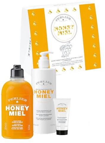 Perlier, Honey Miel Cofanetto Bagno Doccia, Latte Corpo e Crema Mani, Trattamento Completo Idratante, Ideale per Pelli Delicate, Confezione Regalo