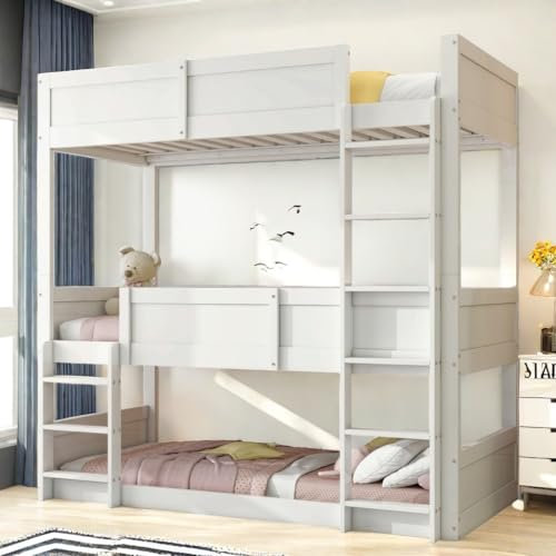 Zepneiy Hochbett aus Holz, 90 x 200 cm, Design hoher Zaun, Bett für Kinder, 3 Personen, Lattenrost aus Massivholz, Weiß (Matratze nicht im Lieferumfang enthalten)