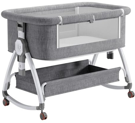 YAZOCO Cuna 3 en 1, Cuna de colecho, Crib Mecedora, Ajuste de Altura e inclinación del colchón, 4 Ruedas con Freno, Colchón Ergonómico (Gris)