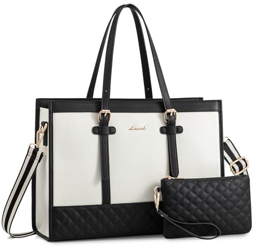 LOVEVOOK 17.3 Inch Laptop Bags for Women, Ladies Handbags for Work Business, Womens Large Tote Bag, Shoulder Bag with Clutch Lightweight for Office Business School College Shopping, Black White