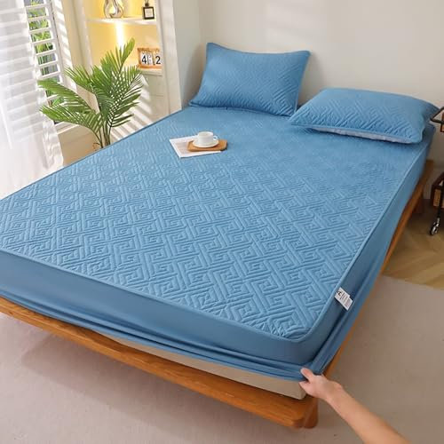 Epinki Betttuch & 2er Kissenbezüge 180x220cm Set Abwaschbar, Spannbettlaken Gesteppt Einfarbig Blau Faltenresistent und Ausbleichen, Baumwolle Bett Laken Bezug für alle Jahreszeiten