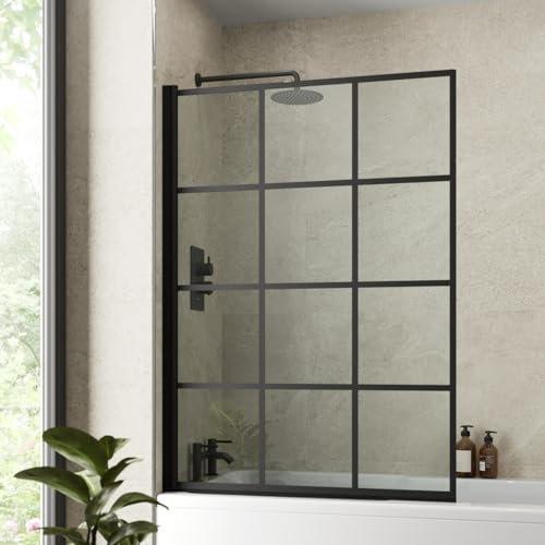 LUXURA® 1400 x 1000mm Black Square Grid Over Bath Shower Screen Door 6mm Clear Toughened Safety Glass Panel 180° Pivot Bathroom Hinged Framed Bath Screens