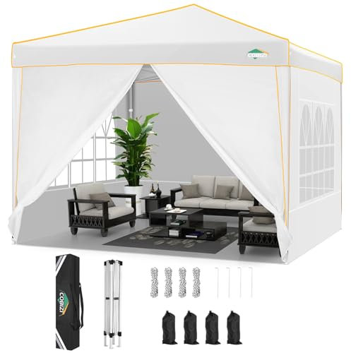 COBIZI Pavillon 3x3 Wasserdicht Stabil Winterfest Pop Up Faltpavillon Partyzelt mit 4 Seitenwänden und 4 Sandsäcken UV-Schutz 50+ Gartenpavillon für Strand Hochzeit Camping, Weiß