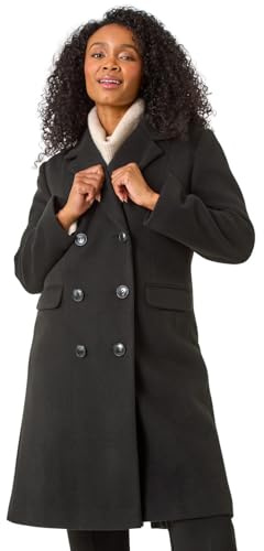 Roman Petite Double Breasted Coat for Women UK - Ladies Everyday Autumn Winter Comfy Soft Evening Vacation Work Party Night Out - Petite Black - Size 18